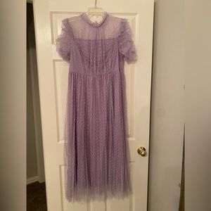 NWOT Lavender/lilac Swiss-dot rouched tea-length dress